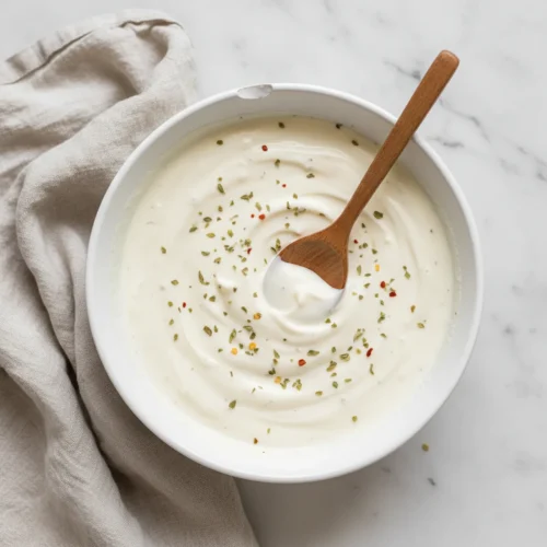 Homepage 13 Finished creamy white pizza sauce in a ceramic bowl.