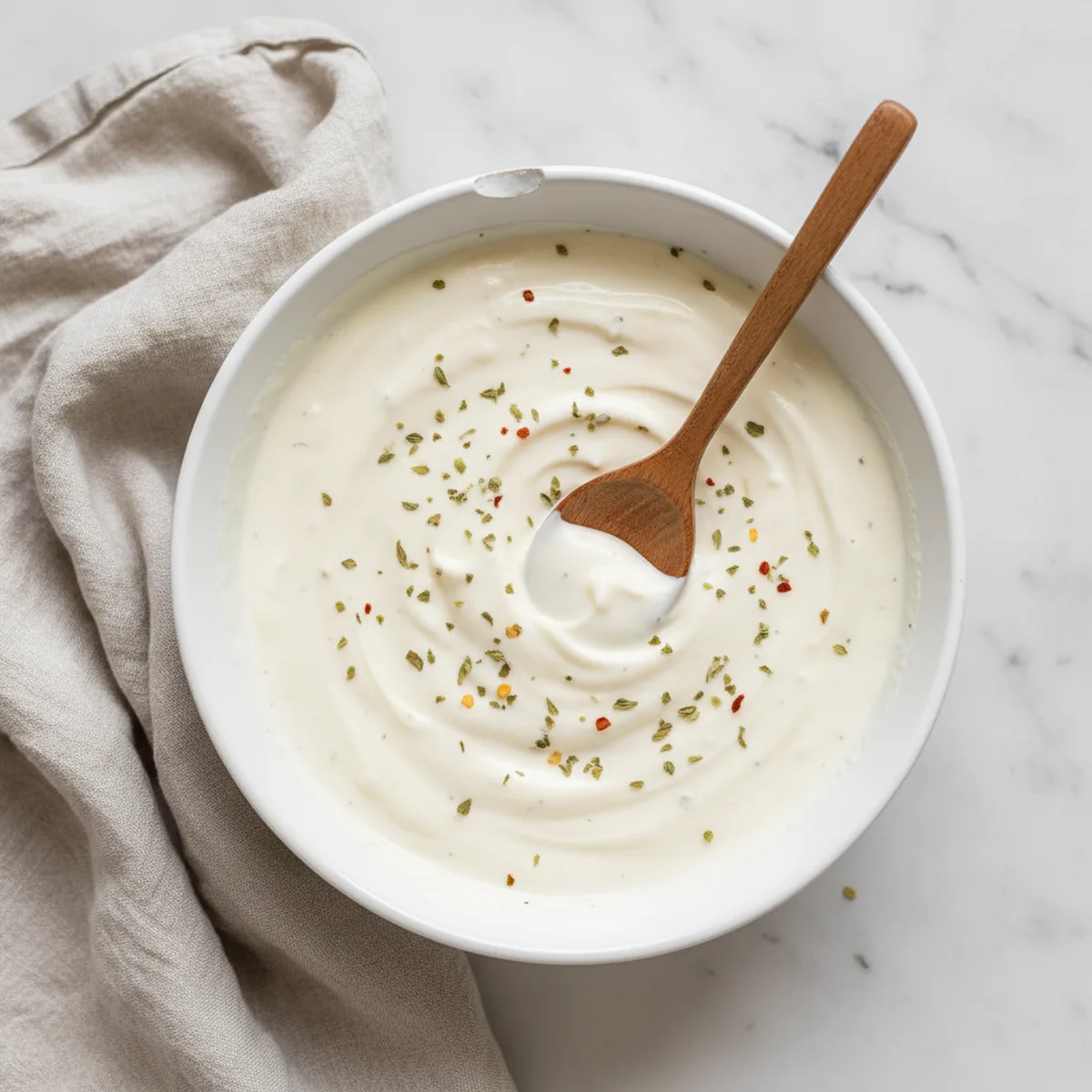 Finished creamy white pizza sauce in a ceramic bowl.