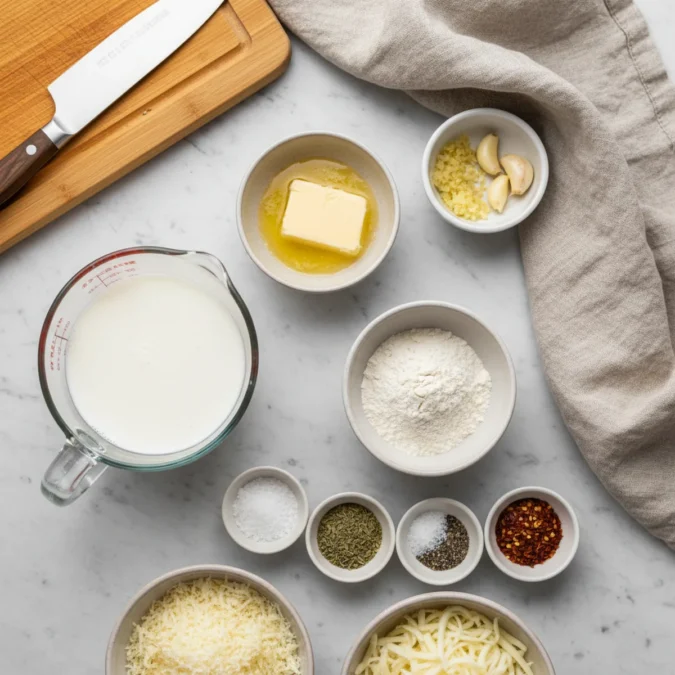 Minced garlic and shredded mozzarella for white pizza sauce.