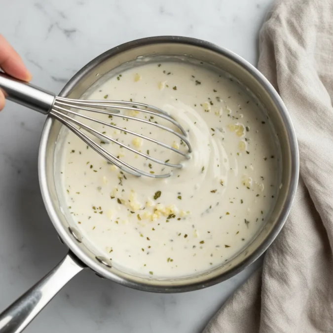 Creamy white pizza sauce being whisked in a saucepan.