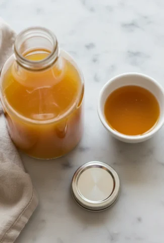 Finished golden-amber fire cider in a clear glass bottle, with a small sample in a white ceramic bowl.