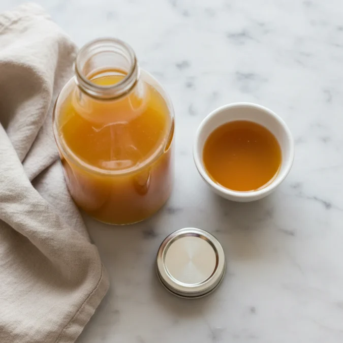Homepage 8 Finished golden-amber fire cider in a clear glass bottle, with a small sample in a white ceramic bowl.
