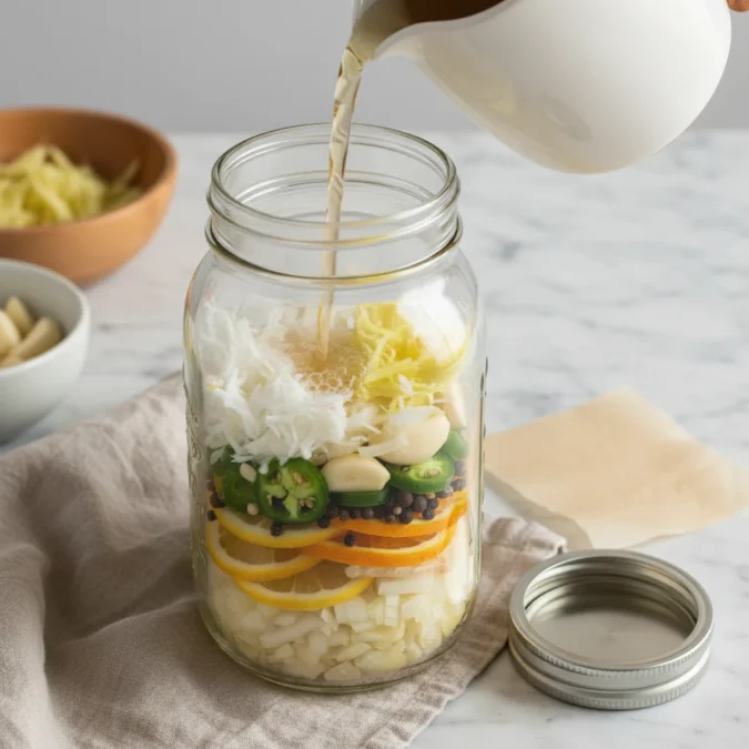 Fire Cider Recipe: A Bold, Zesty Apple Cider Vinegar Infusion 3 Layered horseradish, ginger, garlic, jalapeños, citrus, and spices in a glass jar, being covered with apple cider vinegar.