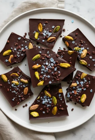 Dark chocolate bark with blue salt crystals, pistachios, and cacao nibs on a white platter.
