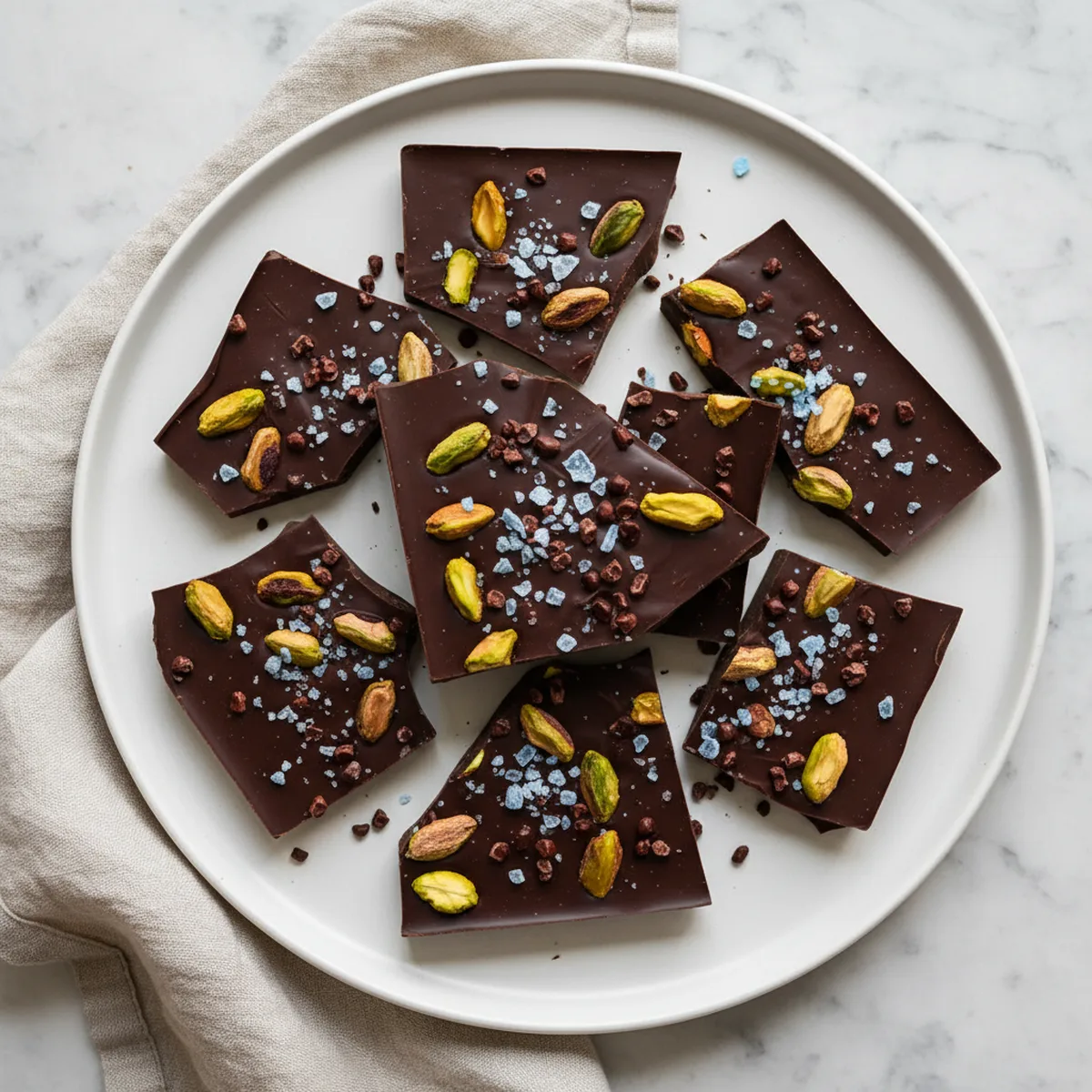 Dark chocolate bark with blue salt crystals, pistachios, and cacao nibs on a white platter.