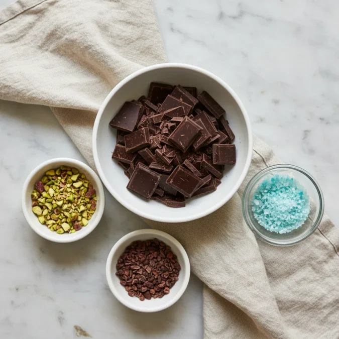 Chopped dark chocolate, Persian blue salt, and chopped pistachios in plain bowls.