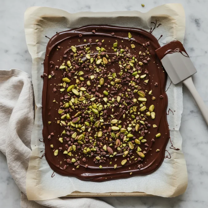 Melted dark chocolate spread on parchment paper with sprinkled pistachios and cacao nibs.