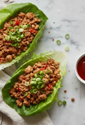 Finished turkey mince lettuce wraps garnished with green onions and sriracha.